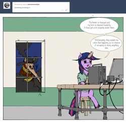 Size: 1189x1152 | Tagged: safe, artist:dreamingnoctis, derpibooru import, twilight sparkle, pony, ask, ask asylum twilight, computer, desk, horn cap, magic suppression, plague doctor, plague doctor mask, smoke, tumblr, window