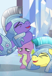 Size: 668x970 | Tagged: safe, derpibooru import, screencap, spike, crystal pony, dragon, pony, the times they are a changeling, armor, cropped, crystal guard, crystal guard armor, guard, laughing, male, reaction image, royal guard, smiling, stallion, stoner spike