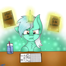 Size: 1024x1024 | Tagged: safe, artist:starblossom15, lyra heartstrings, pony, unicorn, angry, book, determined, glowing horn, humie, magic, puffy cheeks, solo, telekinesis