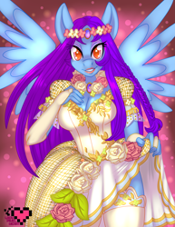 Size: 2975x3850 | Tagged: safe, artist:ladypixelheart, oc, oc only, oc:lyrica, anthro, pegasus, braid, breasts, cleavage, clothes, dress, dress lift, female, floral head wreath, flower, flower in hair, solo, stockings