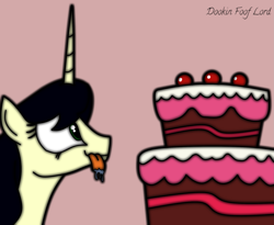 Size: 2025x1663 | Tagged: safe, artist:dookin, derpibooru import, oc, oc only, alicorn, pony, birthday, cake, drool, fanart, food, solo