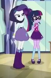 Size: 231x353 | Tagged: safe, screencap, rarity, sci-twi, twilight sparkle, dance magic, equestria girls, spoiler:eqg specials, boots, clothes, cropped, duo, duo female, female, glasses, mary janes, ponytail, skirt, socks