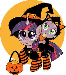 Size: 1022x1158 | Tagged: safe, artist:dsana, spike, twilight sparkle, cat, dragon, pony, animal costume, baby spike, cat costume, clothes, costume, cute, dragons riding ponies, dsana is trying to murder us, filly, filly twilight sparkle, halloween, hat, holiday, mama twilight, nightmare night, pumpkin bucket, simple background, socks, spikabetes, spikelove, striped socks, transparent background, trick or treat, twiabetes, witch hat