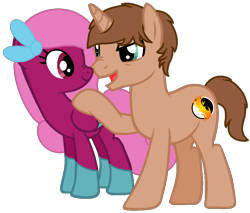 Size: 838x715 | Tagged: safe, artist:peternators, artist:strikingsplatter, derpibooru import, oc, oc only, oc:candy wings, oc:heroic armour, pegasus, pony, unicorn, collaboration, base used, boop, eye contact, noseboop, scrunchy face, smiling, touch