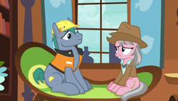 Size: 1920x1090 | Tagged: safe, screencap, hard hat (character), wrangler, pony, fluttershy leans in, duo, hard hat, hat, skunk stripe