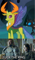 Size: 362x617 | Tagged: safe, edit, edited screencap, screencap, thorax, changedling, changeling, human, to where and back again, arya stark, caption, changeling king, cropped, female, game of thrones, king thorax, male, sandor clegane, the hound, vulgar