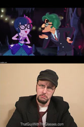 Size: 640x961 | Tagged: safe, screencap, sci-twi, timber spruce, twilight sparkle, equestria girls, legend of everfree, legend of everfree - bloopers, female, groucho marx psyche out, groucho mask, image macro, male, meme, nostalgia critic, shipping, straight, thatguywiththeglasses.com, timbertwi, unamused