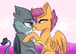 Size: 1024x734 | Tagged: safe, artist:shiny-cooler, gabby, scootaloo, griffon, female, gabbyloo, interspecies, lesbian, older, older scootaloo, shipping