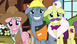 Size: 1920x1090 | Tagged: safe, screencap, dandy grandeur, hard hat (character), wrangler, pony, fluttershy leans in, floppy ears, grin, nervous, nervous grin, smiling