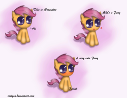 Size: 3895x2991 | Tagged: safe, artist:izelyca, derpibooru import, scootaloo, pegasus, pony, :3, :d, :o, big eyes, blushing, chibi, colored pupils, cute, cutealoo, female, filly, gradient background, happy, heart, hi, open mouth, sitting, smiling, solo, text, truth, understatement, weapons-grade cute, wide eyes, wingless