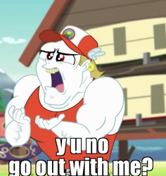 Size: 679x720 | Tagged: safe, edit, edited screencap, screencap, bulk biceps, equestria girls, legend of everfree, image macro, meme, solo, y u no