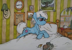 Size: 1280x883 | Tagged: safe, artist:incrediblepanzer, photo finish, earth pony, pony, alcohol, bed, camera, clock, female, glass, mare, pillow, solo, tired, traditional art, wine, wine glass