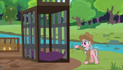 Size: 1920x1090 | Tagged: safe, screencap, wrangler, pony, fluttershy leans in, cage, skunk stripe, solo