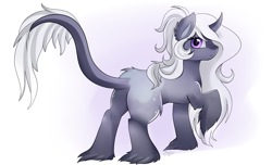 Size: 2894x1764 | Tagged: safe, artist:pridark, oc, oc only, oc:evelyn hollow, classical unicorn, pony, unicorn, female, leonine tail, looking at you, looking back, mare, plot, raised hoof, simple background, solo, unshorn fetlocks