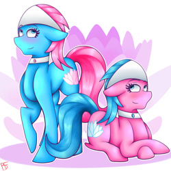 Size: 1024x1024 | Tagged: safe, artist:moonbow-art, derpibooru import, aloe, lotus blossom, earth pony, pony, blue coat, blue mane, female, mare, pink coat, pink mane, siblings, sisters