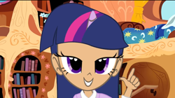 Size: 1366x764 | Tagged: safe, artist:skill:draw, twilight sparkle, human, golden oaks library, humanized, lidded eyes, looking at you, solo, twilightlicious