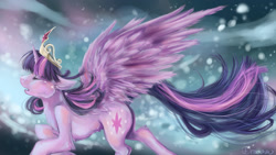 Size: 1920x1080 | Tagged: safe, artist:dream--chan, twilight sparkle, twilight sparkle (alicorn), alicorn, pony, celestial plane, crying, element of magic, eyes closed, floppy ears, fluffy, immortality blues, open mouth, running, sad, solo, spread wings