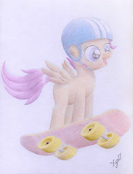 Size: 3290x4290 | Tagged: safe, artist:xeviousgreenii, derpibooru import, scootaloo, scootaloo can fly, skateboard, solo, traditional art