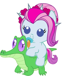 Size: 886x1017 | Tagged: safe, artist:red4567, derpibooru import, gummy, violet blurr, pony, equestria girls, baby, baby pony, cute, equestria girls ponified, pacifier, ponies riding gators, ponified, riding, weapons-grade cute