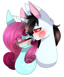 Size: 1001x1204 | Tagged: safe, artist:alithecat1989, oc, oc only, oc:amai koi, oc:jackson flaion, earth pony, pony, unicorn, blushing, bust, female, male, mare, oc x oc, portrait, shipping, simple background, stallion, straight, transparent background