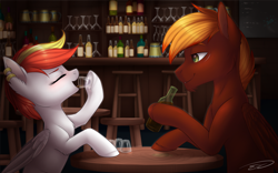 Size: 3473x2162 | Tagged: safe, artist:doekitty, oc, oc only, oc:sunny flare, pegasus, pony, alcohol, bar, blushing, bottle, commission, cup, dexterous hooves, drinking, duo, ear piercing, earring, eyes closed, father and child, father and daughter, female, glass, jewelry, male, mare, parent and child, piercing, smiling, stallion, stool, underhoof