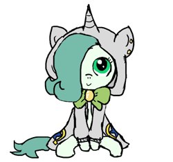 Size: 640x600 | Tagged: safe, artist:ficficponyfic, color edit, derpibooru import, edit, oc, oc only, oc:emerald jewel, earth pony, pony, alternate color palette, bowtie, c:, child, clothes, color, colored, colt, colt quest, cute, cute face, cutie mark, ear piercing, femboy, foal, hair over one eye, hnnng, hoodie, horn, looking at you, looking up, male, piercing, sitting, smiling, solo, trap, weapons-grade cute