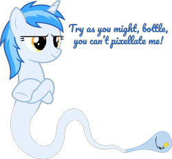 Size: 6890x6400 | Tagged: safe, artist:parclytaxel, oc, oc only, oc:penny curve, genie pony, pony, unicorn, .svg available, absurd resolution, april fools, april fools 2017, bottle, caption, crossed hooves, female, genie, mare, mlp vector club, simple background, solo, story included, transparent background, vector