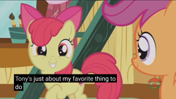 Size: 2560x1440 | Tagged: safe, screencap, apple bloom, scootaloo, pony, forever filly, cutie mark, female, filly, meme, the cmc's cutie marks, treehouse, treehouse logo, youtube caption