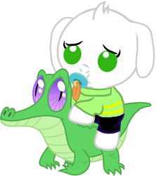 Size: 786x887 | Tagged: safe, artist:red4567, derpibooru import, gummy, pony, asriel dreemurr, baby, baby goat, baby pony, crossover, cute, pacifier, ponies riding gators, ponified, riding, spoilers for another series, undertale, undertale spoilers