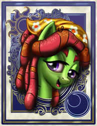 Size: 700x900 | Tagged: safe, artist:harwick, derpibooru import, tree hugger, earth pony, pony, bandana, bust, female, harwick's sun/moon portraits, hippie, looking at you, mare, open mouth, portrait, purple eyes, smiling, solo