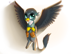 Size: 1600x1200 | Tagged: safe, artist:shan3ng, derpibooru import, gabby, griffon, saddle bag, shadow, simple background, solo, spread wings, transparent background