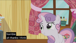 Size: 2560x1440 | Tagged: safe, screencap, sweetie belle, pony, forever filly, meme, solo, treehouse, youtube caption