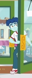 Size: 444x1080 | Tagged: safe, screencap, curly winds, some blue guy, equestria girls, background human, clothes, cropped, pants, shocked, shoes, sneakers, solo