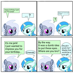 Size: 1500x1500 | Tagged: safe, artist:toyminator900, oc, oc only, oc:aureai gray, oc:cyan lightning, oc:emerald lightning, pegasus, pony, unicorn, comic, gift art, simple background, speech bubble, thought bubble, transparent background