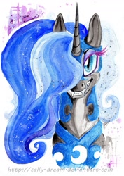 Size: 900x1273 | Tagged: safe, artist:donika-schovina, derpibooru import, nightmare moon, bust, grin, looking at you, portrait, smiling, solo, traditional art