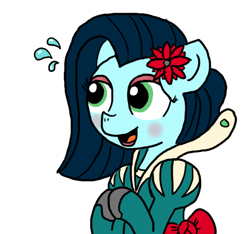 Size: 640x600 | Tagged: safe, artist:ficficponyfic, color edit, derpibooru import, edit, oc, oc only, oc:emerald jewel, clothes, color, colored, colt, colt quest, crossdressing, dress, eyeshadow, femboy, flower, flower in hair, foal, makeup, male, nervous, shoes, solo, trap