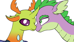 Size: 1680x967 | Tagged: safe, artist:equinoxthealicorn, derpibooru import, spike, thorax, changedling, changeling, dragon, to where and back again, gay, king thorax, male, older, shipping, thoraxspike