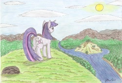 Size: 2336x1600 | Tagged: safe, artist:stardustchild01, derpibooru import, twilight sparkle, cloud, hill, island, river, solo, sun, traditional art