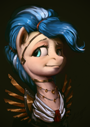 Size: 850x1200 | Tagged: safe, artist:assasinmonkey, oc, oc only, oc:feather draft, pegasus, pony, clothes, female, mare, prosthetic wing, regalia, solo