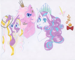 Size: 525x419 | Tagged: safe, artist:frozensoulpony, princess flurry heart, oc, oc:mi munequita preciosa, oc:rosequart lustre, offspring, older, parent:princess cadance, parent:shining armor, parents:shiningcadance, traditional art