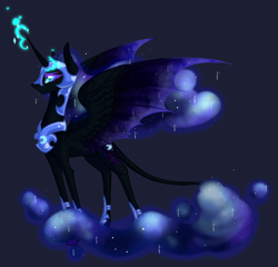 Size: 1586x1520 | Tagged: safe, artist:australian-senior, nightmare moon, classical unicorn, gradient background, leonine tail, magic, solo, spread wings