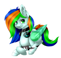 Size: 1024x976 | Tagged: safe, artist:dimmed36, oc, oc only, oc:andri dash klor, pegasus, pony, art trade, choker, female, headphones, heterochromia, mare, piercing, prone, simple background, solo, transparent background