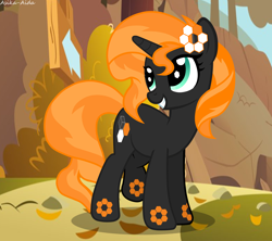 Size: 3744x3318 | Tagged: safe, artist:asika-aida, oc, oc only, oc:carbon 6, element pony, object pony, original species, pony, unicorn, autumn, female, forest, leaf, looking back, mare, ponified, recolor, request, sign, smiling, solo