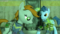 Size: 3840x2160 | Tagged: safe, artist:goatcanon, blues, noteworthy, oc, oc:littlepip, earth pony, pony, unicorn, fallout equestria, 3d, colt, crossover, fallout, fanfic, fanfic art, female, future, glowing horn, horn, levitation, magic, male, mare, pipboy, pipbuck, sad, source filmmaker, stable, stallion, telekinesis, vault suit