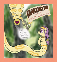 Size: 1000x1088 | Tagged: safe, artist:mightyshockwave, derpibooru import, daring do, oc, oc:mist reticle, lamia, original species, snake, book cover, coils, constriction, nose in the air, peril, squeezing, yelling