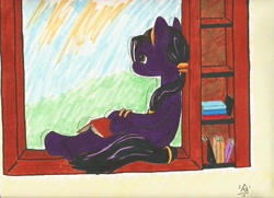 Size: 7014x5082 | Tagged: artist needed, safe, derpibooru import, oc, oc only, oc:mir, pony, absurd resolution, book, female, jewelry, looking away, mare, sitting, solo, traditional art, window