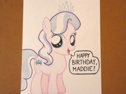 Size: 2560x1920 | Tagged: safe, artist:youregoingtoloveme, derpibooru import, diamond tiara, earth pony, pony, birthday card, colored pencil drawing, female, filly, jewelry, marker drawing, photo, simple background, solo, tiara, traditional art