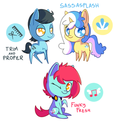 Size: 874x916 | Tagged: safe, artist:amazingmollusk, oc, oc only, oc:funky fresh, oc:sassasplash, oc:trim and proper, earth pony, pony, unicorn, chibi, cutie mark, lidded eyes, one eye closed, raised hoof, simple background, sitting, smiling