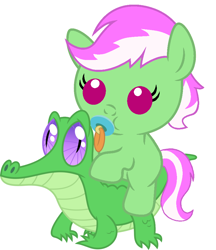 Size: 836x967 | Tagged: safe, artist:red4567, gummy, oc, oc:mint condition, pony, baby, baby pony, cute, ocbetes, pacifier, ponies riding gators, riding