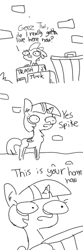 Size: 1280x3840 | Tagged: safe, artist:tjpones, spike, twilight sparkle, twilight sparkle (alicorn), alicorn, dragon, pony, abuse, black and white, brick wall, comic, doodle, grayscale, monochrome, simple background, spikeabuse, trash can, twibitch sparkle, white background